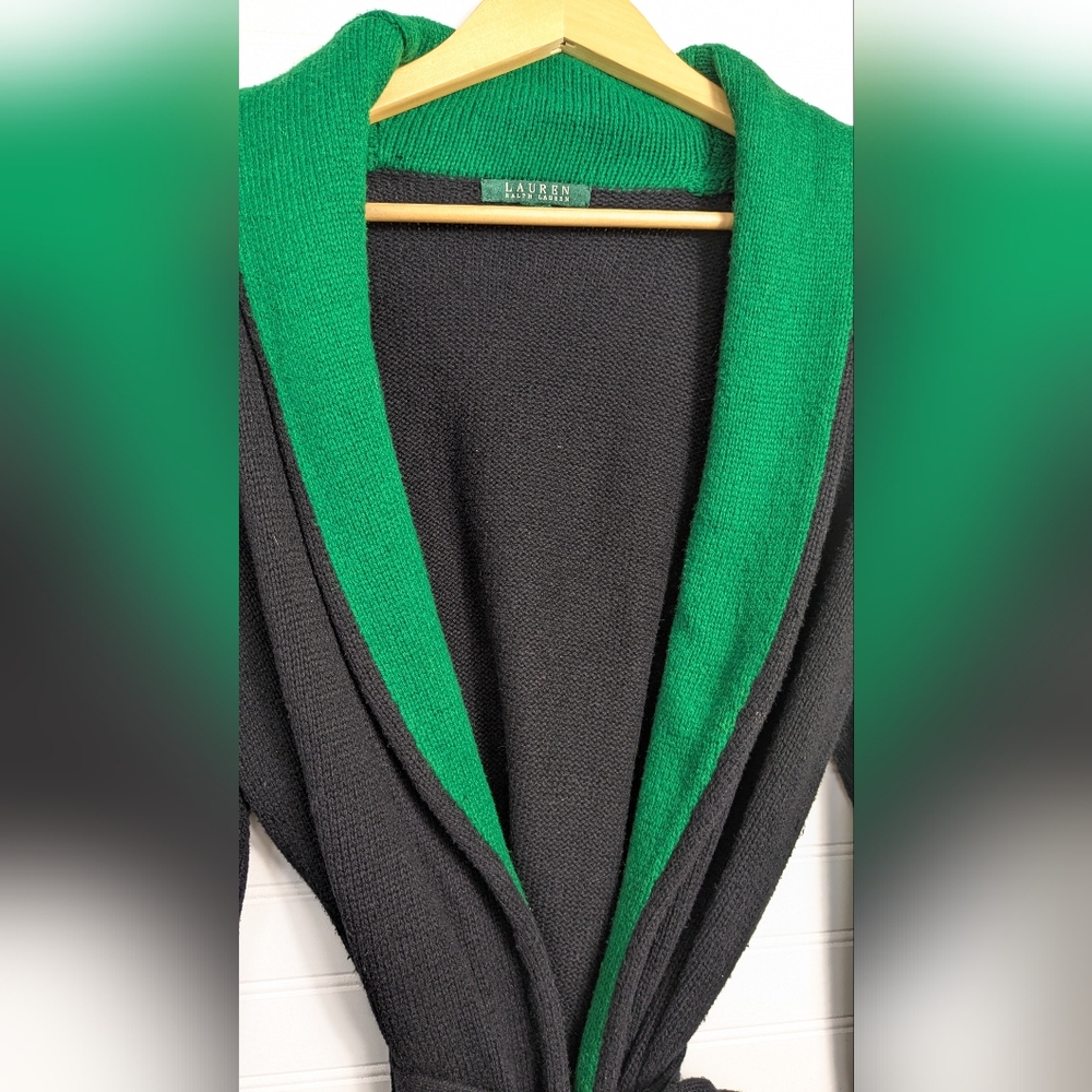 Lauren Ralph Lauren Navy and Green Belted Shawl Cardigan M - Picture 3 of 11